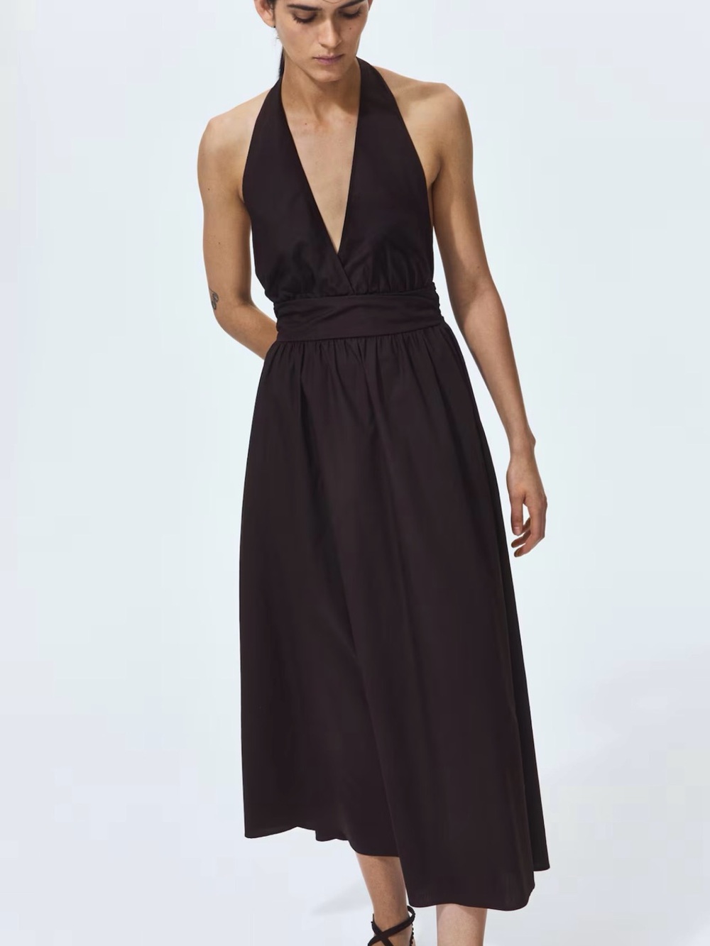 H&M COTTON HALTERNECK DRESS IN DARK BROWN